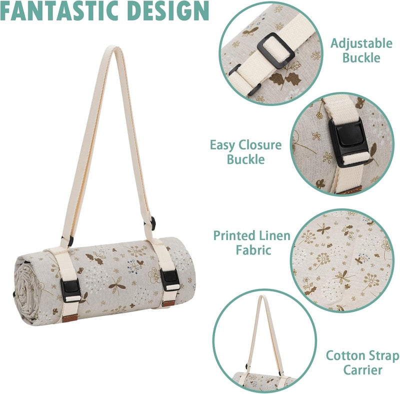 WILLOW WEAVE Large Picnic Blanket, Beach Mat Sand Free Washable, Waterproof Camping Emergency Blankets, Picnic Baskets Accessories with Waterproof Backing and Shoulder Strap - WhiteKapok - Image 2